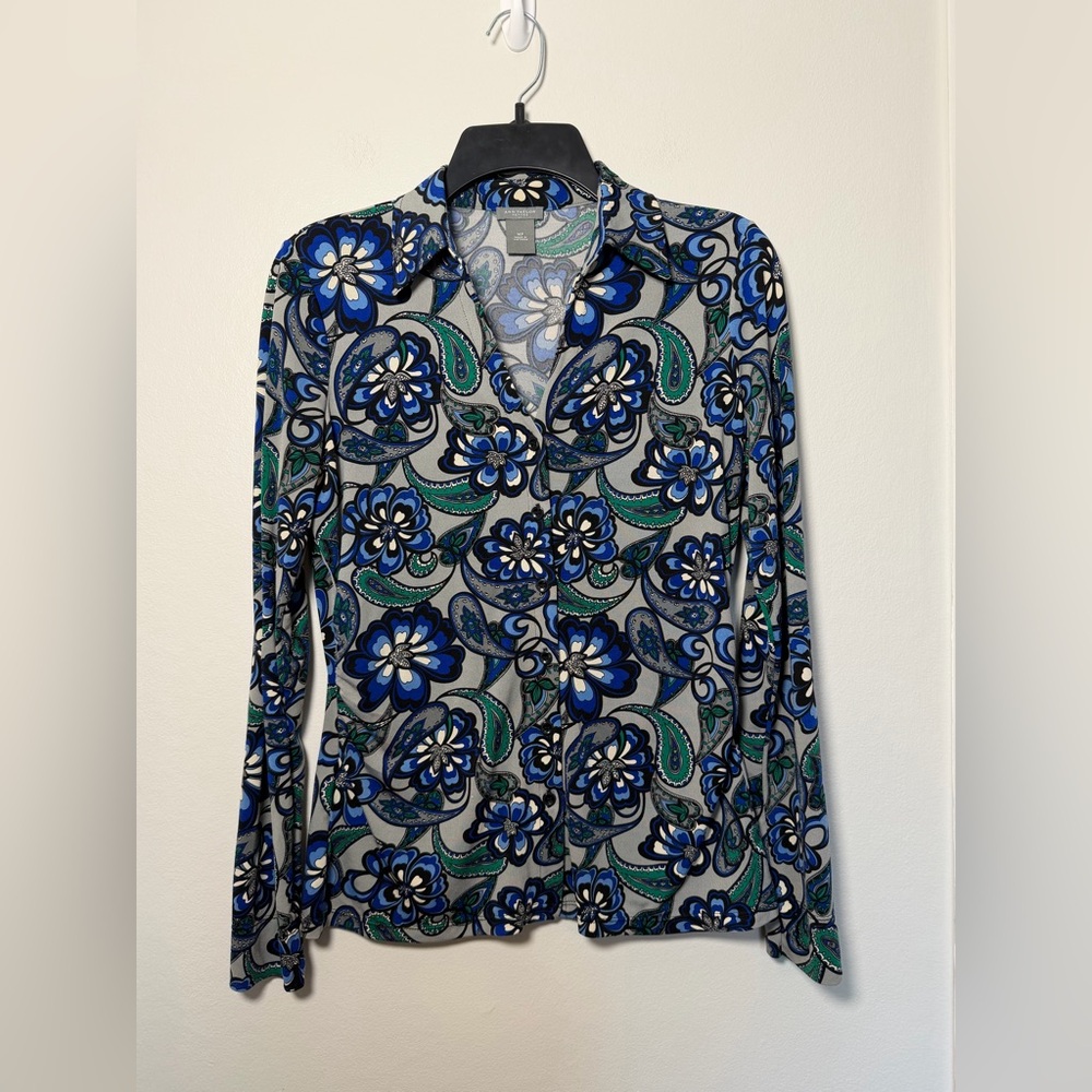 Ann Taylor Stretchy Paisley Button Down Blouse - Size Medium Petite